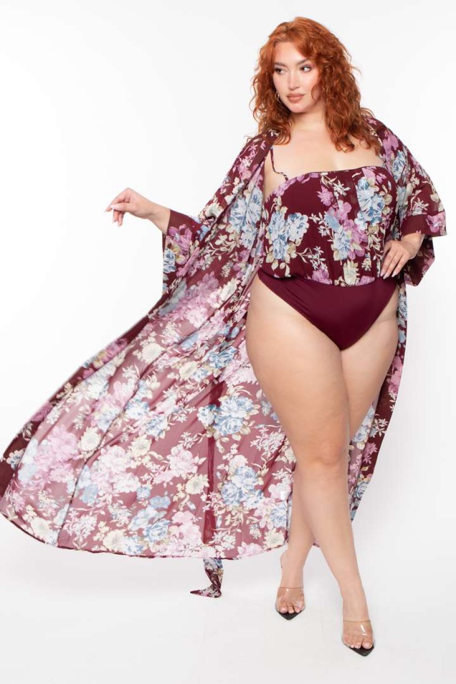 Tops * | Miss Avenue Tops Plus Size Floral Bodysuit And Kimono Set Plum