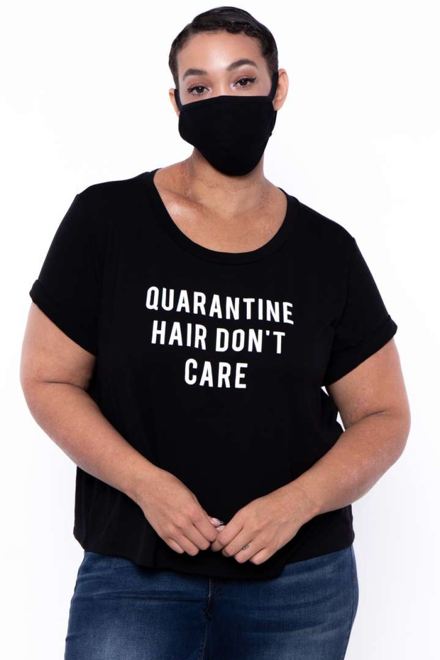 Sets * | Curvy Sense Matching Sets Plus Size Graphic "Hair Dont Care" Tee & Mask Set Black