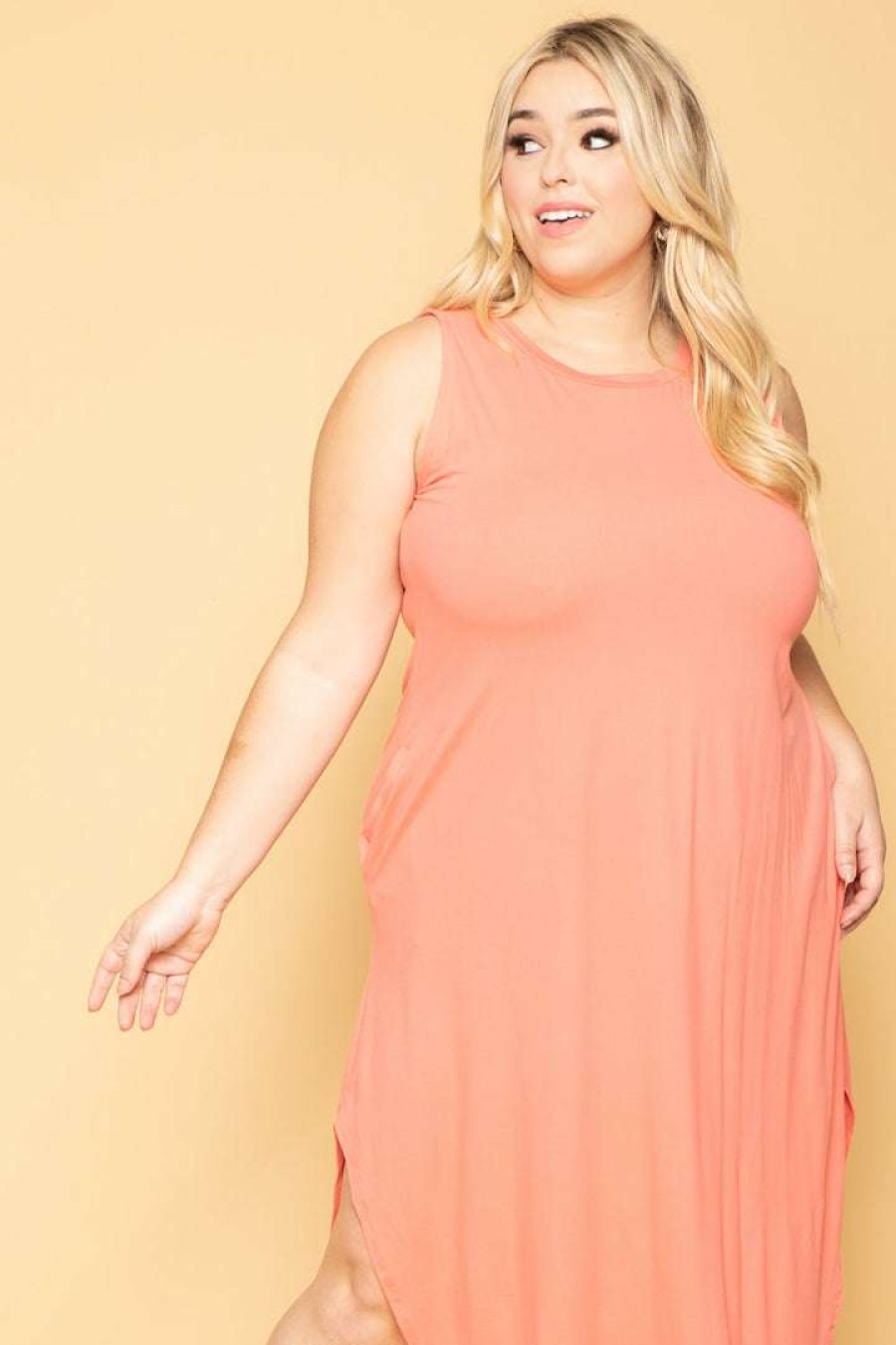 Dresses * | Zenana Plus Size Tank Maxi T-Shirt Dress Coral