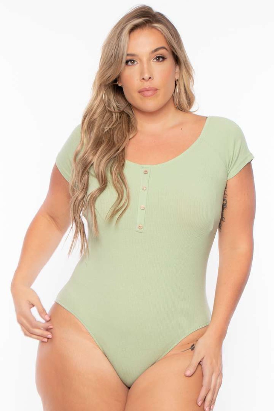 Tops * | Ambiance Plus Size Button Rib Bodysuit Sage