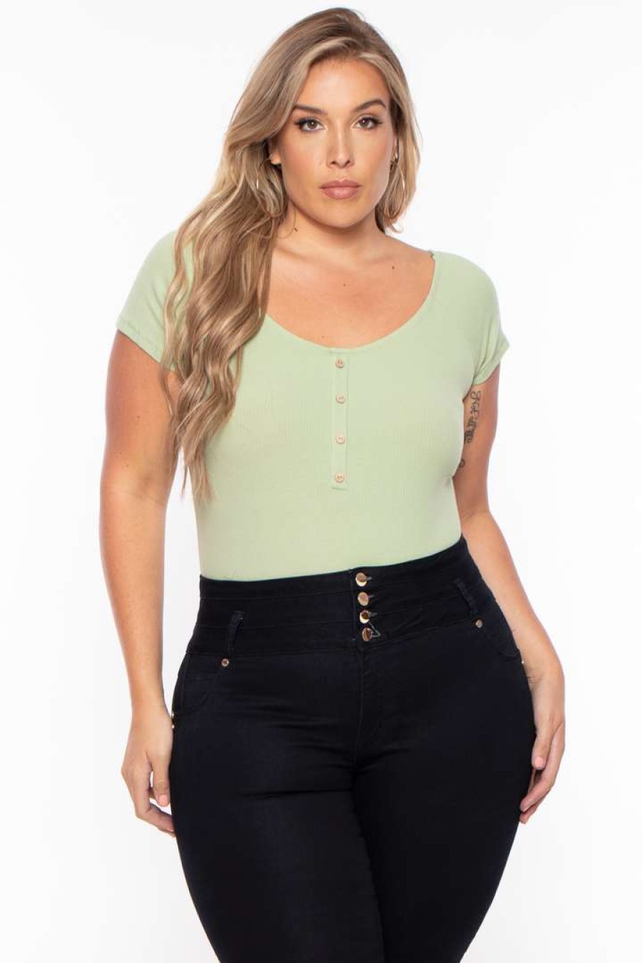 Tops * | Ambiance Plus Size Button Rib Bodysuit Sage