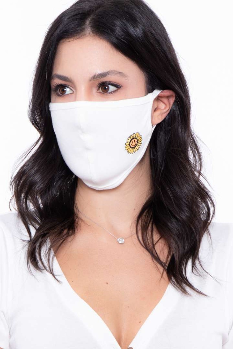 Accessories * | Curvy Sense Washable & Reusable Embroidered Face Mask Sunflower Face Masks White