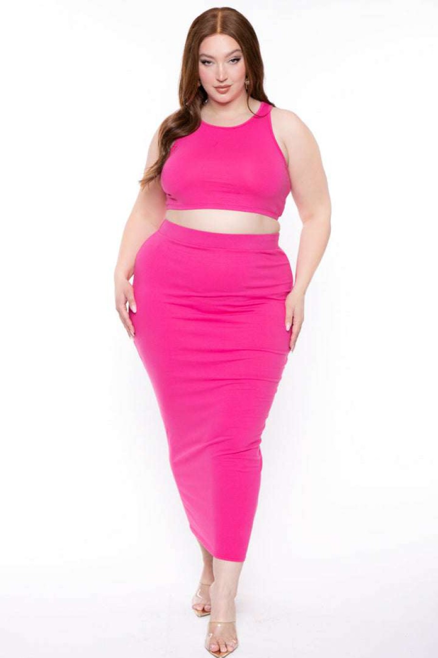 Sets * | Curvy Sense Plus Size Candace Tank And Skirt Matching Set Hot Pink