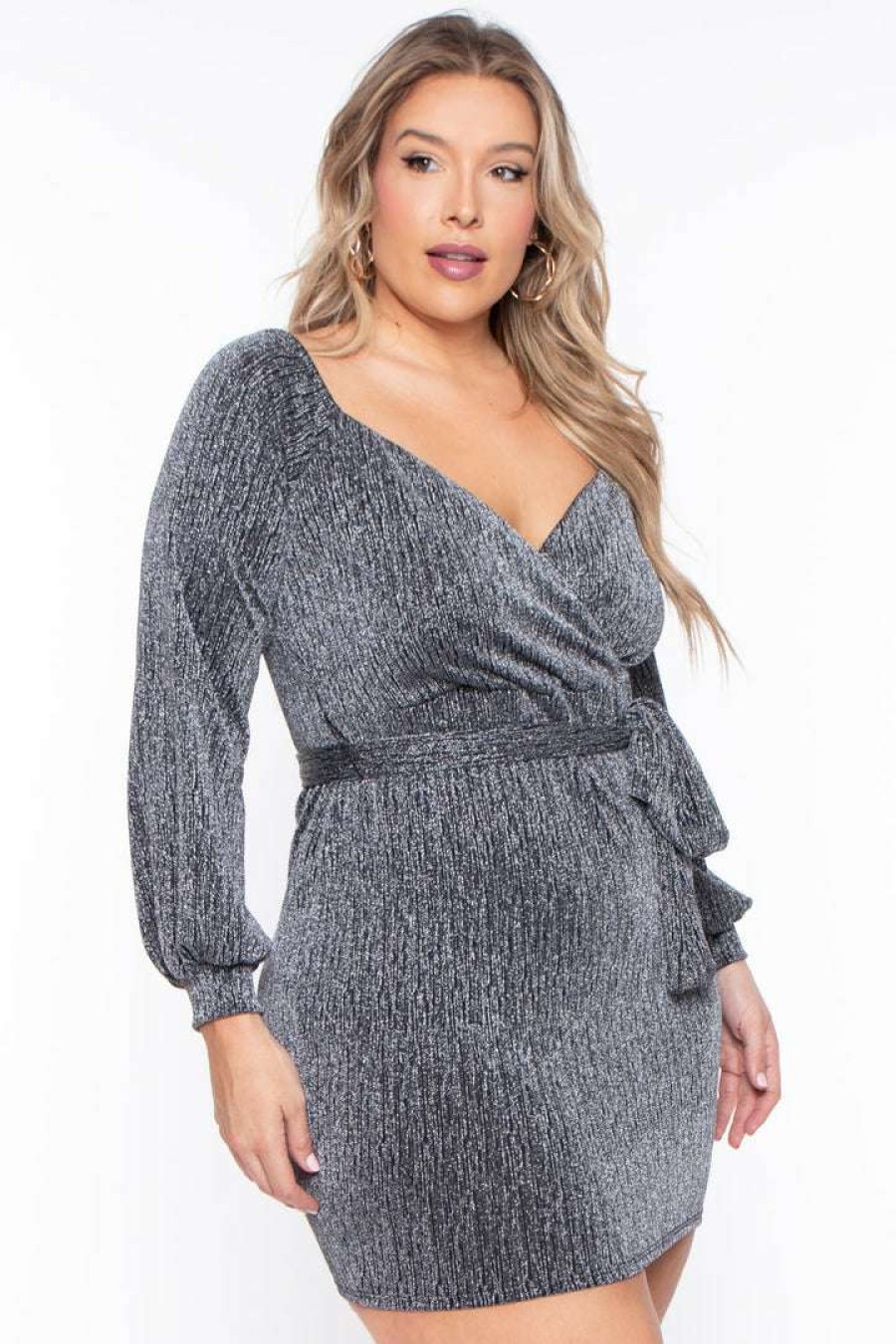 Dresses * | Curvy Sense Plus Size Rhianna Metallic Surplice Dress Party Shop Silver