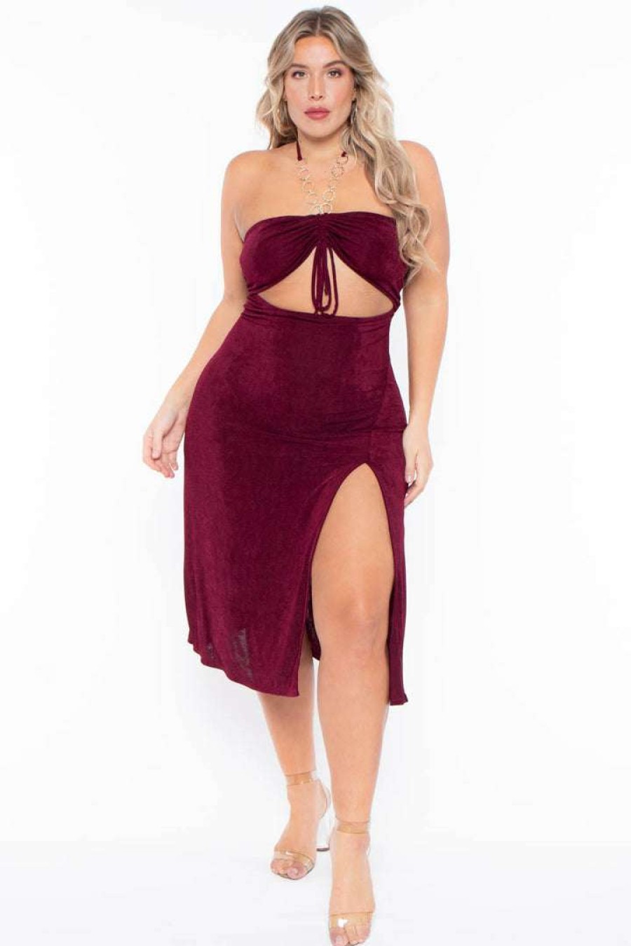 Dresses * | Curvy Sense Plus Size Cleo Ruched Ring Dress Party Shop Burgundy