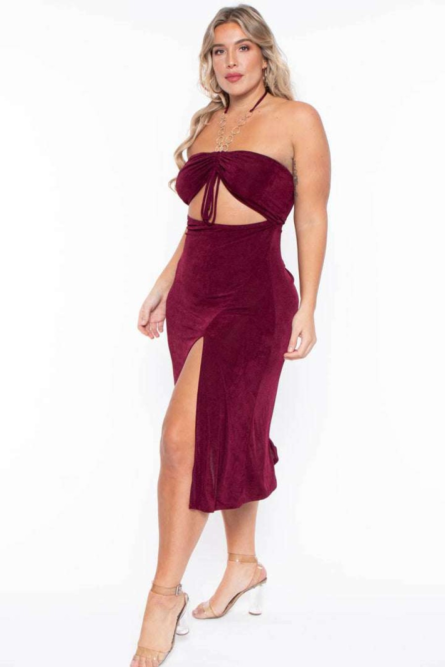 Dresses * | Curvy Sense Plus Size Cleo Ruched Ring Dress Party Shop Burgundy