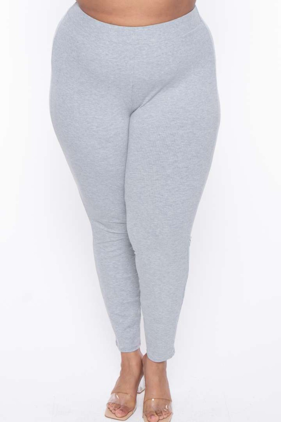 Sets * | Curvy Sense Plus Size Essential Ribbed High Waist Leggings Heather Grey