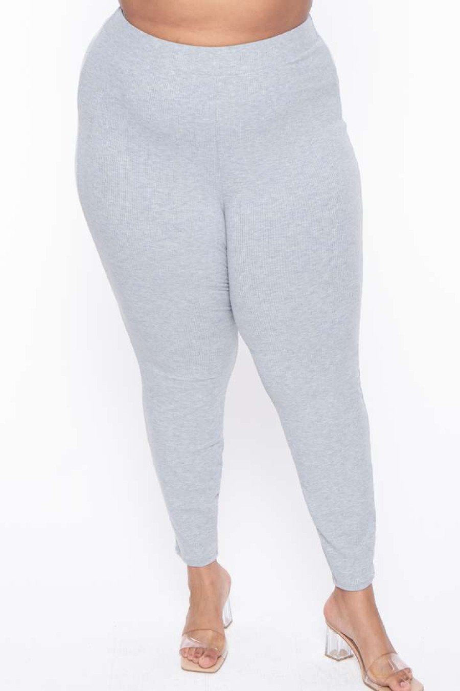 Sets * | Curvy Sense Plus Size Essential Ribbed High Waist Leggings Heather Grey