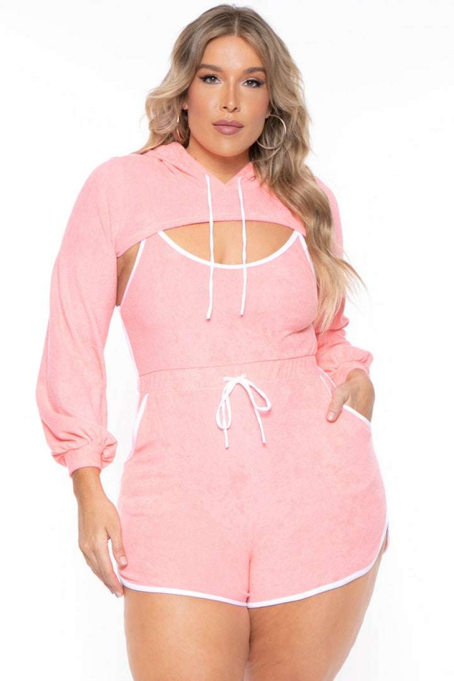 Sets * | Curvy Sense New Arrivals Plus Size Emma 2 Piece Romper Set Coral