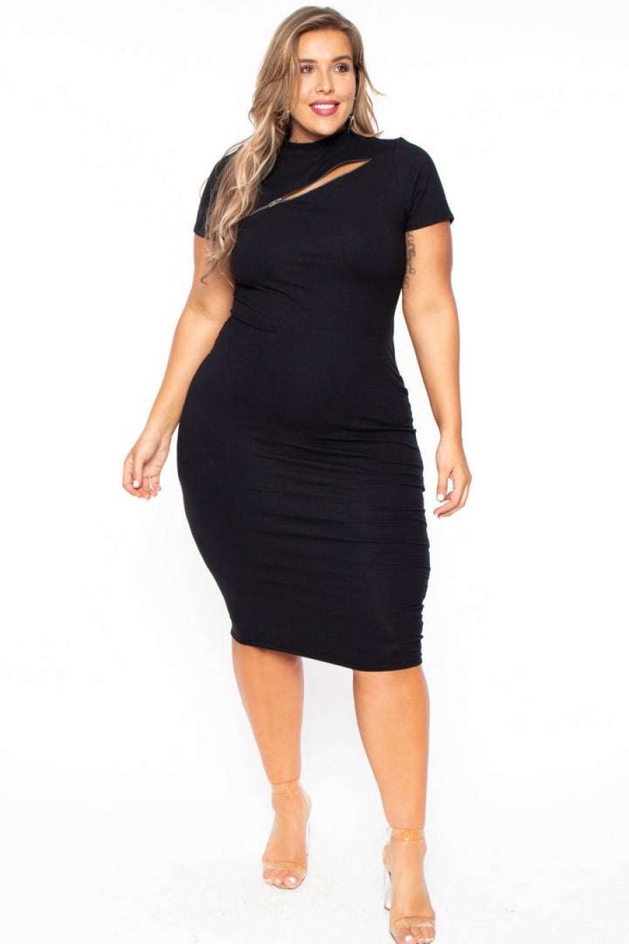 Dresses * | Curvy Sense Little Styles Plus Size Mock Neck Zipper Dress Black