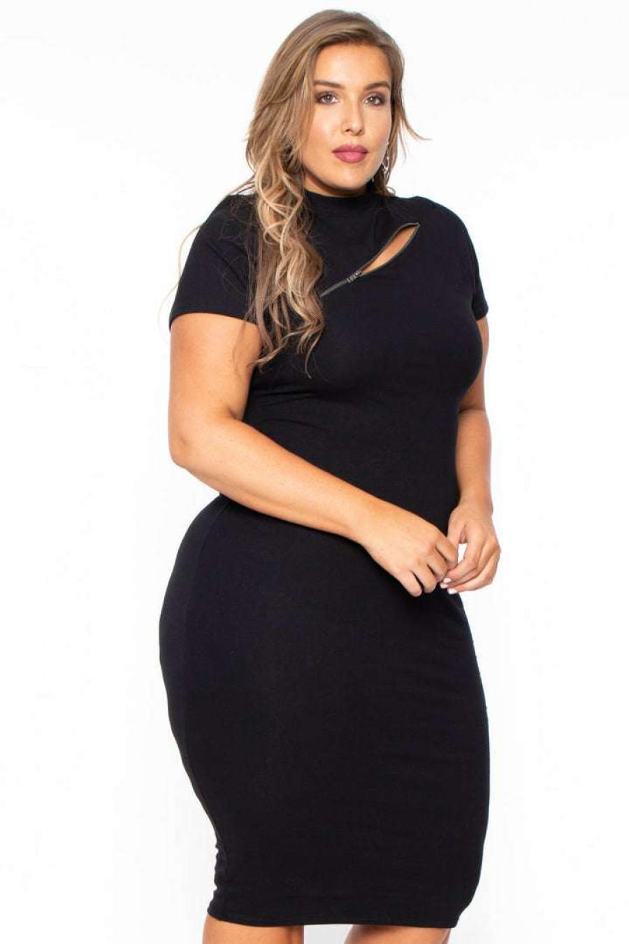 Dresses * | Curvy Sense Little Styles Plus Size Mock Neck Zipper Dress Black