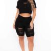 Sets * | Curvy Sense Matching Sets Plus Size Destroyed Crop And Biker Short Set Black