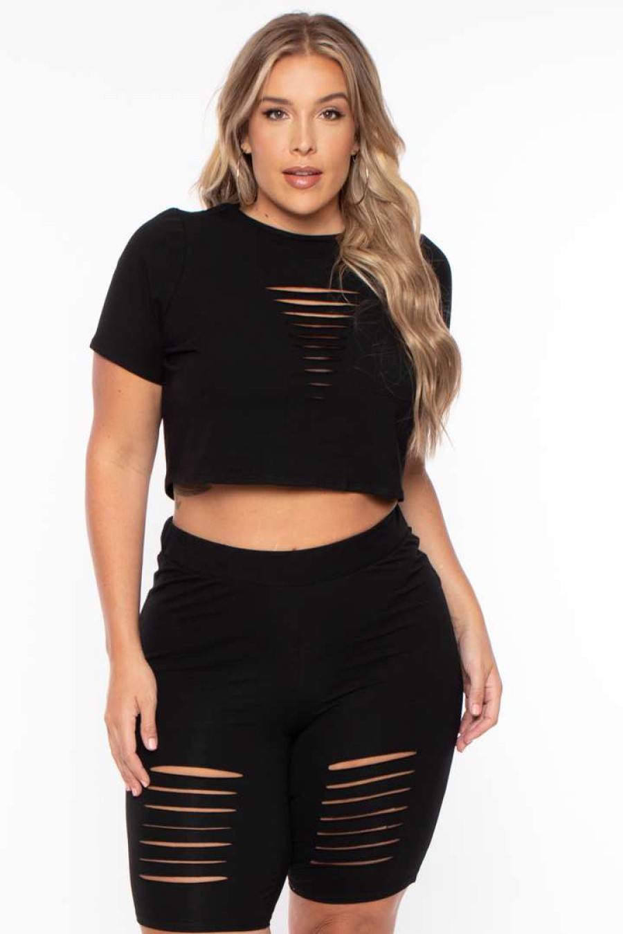 Sets * | Curvy Sense Matching Sets Plus Size Destroyed Crop And Biker Short Set Black