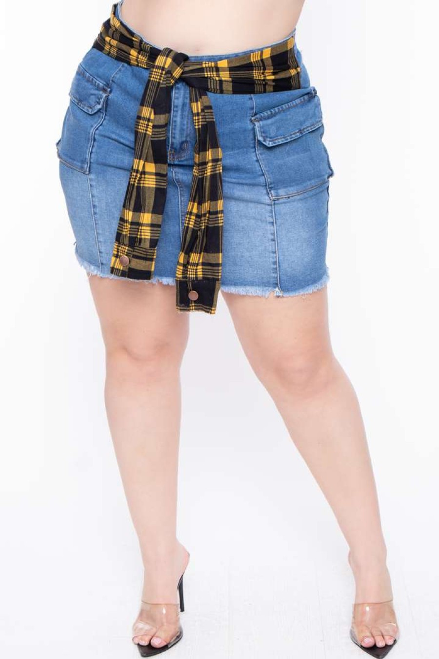 Bottoms * | American Bazi Plus Size Plaid Tie Denim Skirt Blue