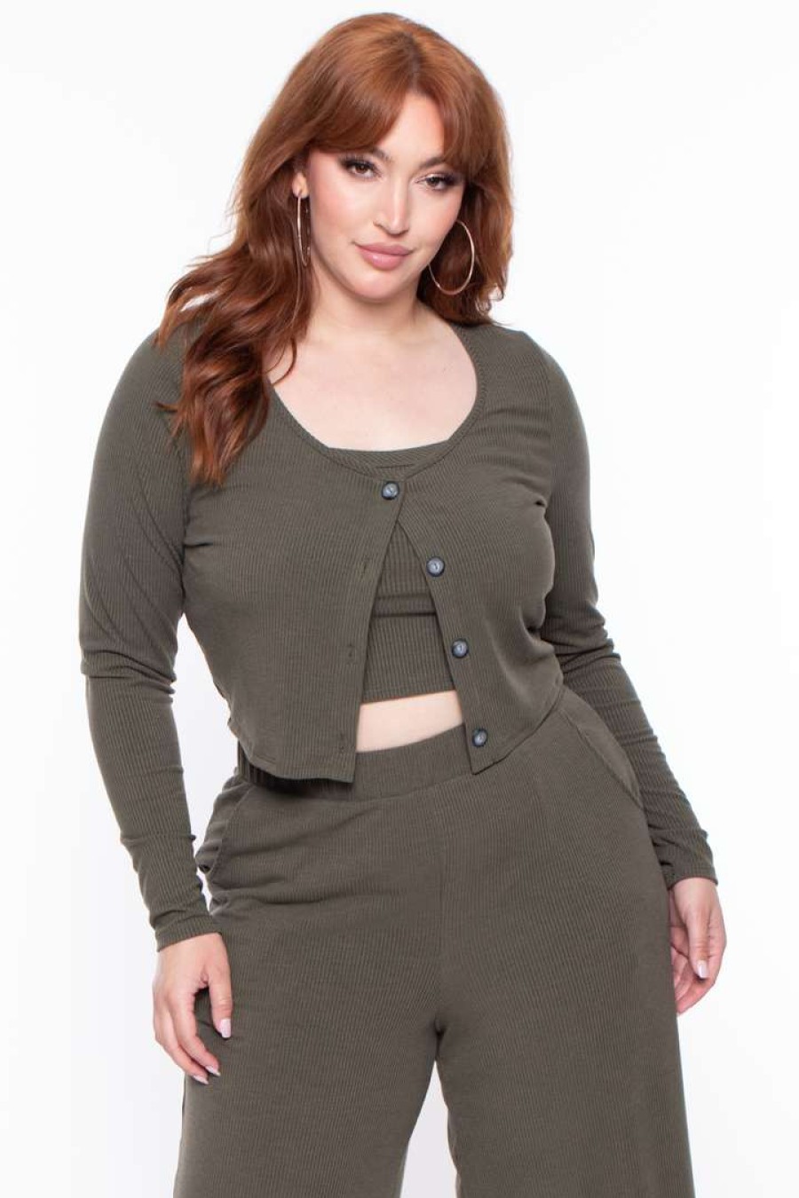 Sets * | Curvy Sense Plus Size Essential Ribbed Button Front Top Olive