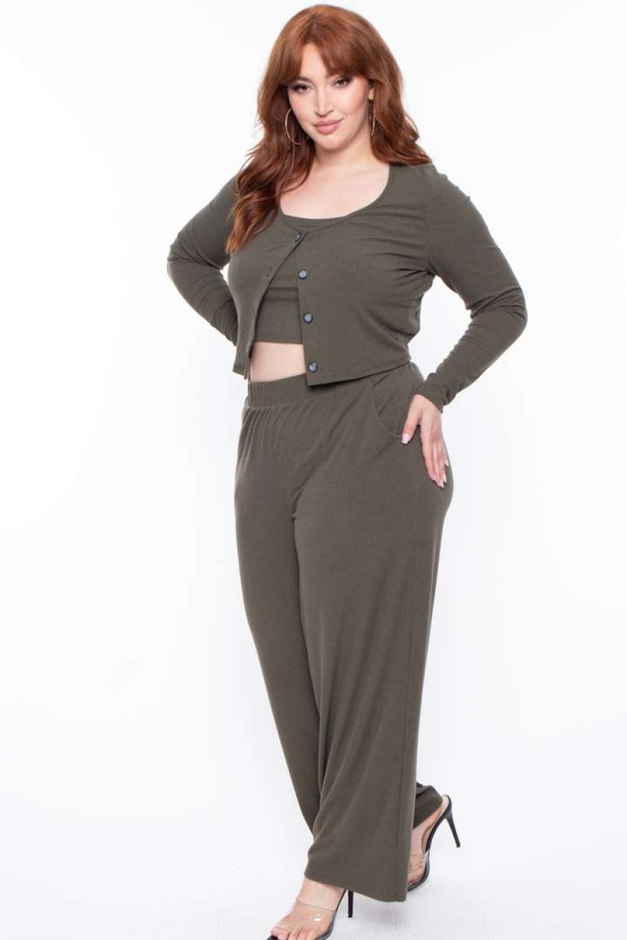 Sets * | Curvy Sense Plus Size Essential Ribbed Button Front Top Olive