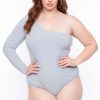 Sets * | Curvy Sense Essential Mix Plus Size Essential Ribbed Asymmetric Bodysuit Heather Grey