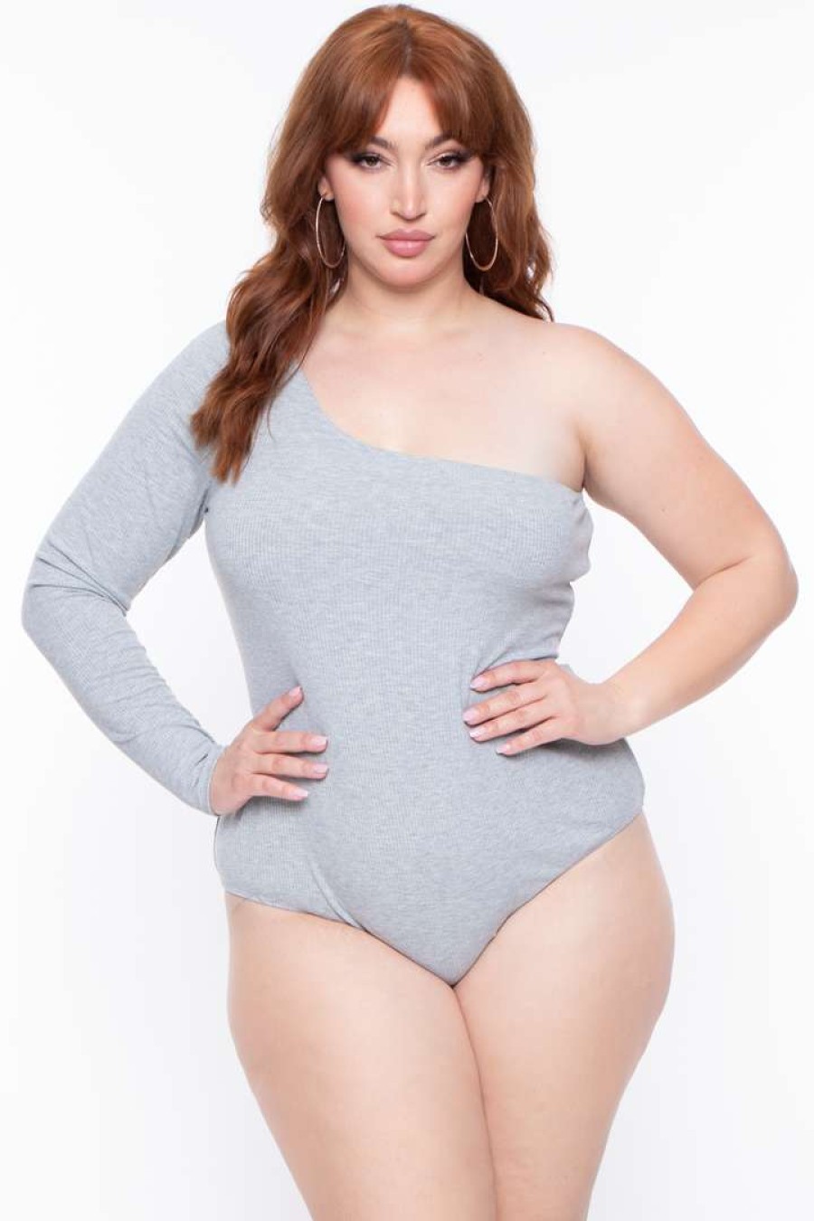 Sets * | Curvy Sense Essential Mix Plus Size Essential Ribbed Asymmetric Bodysuit Heather Grey