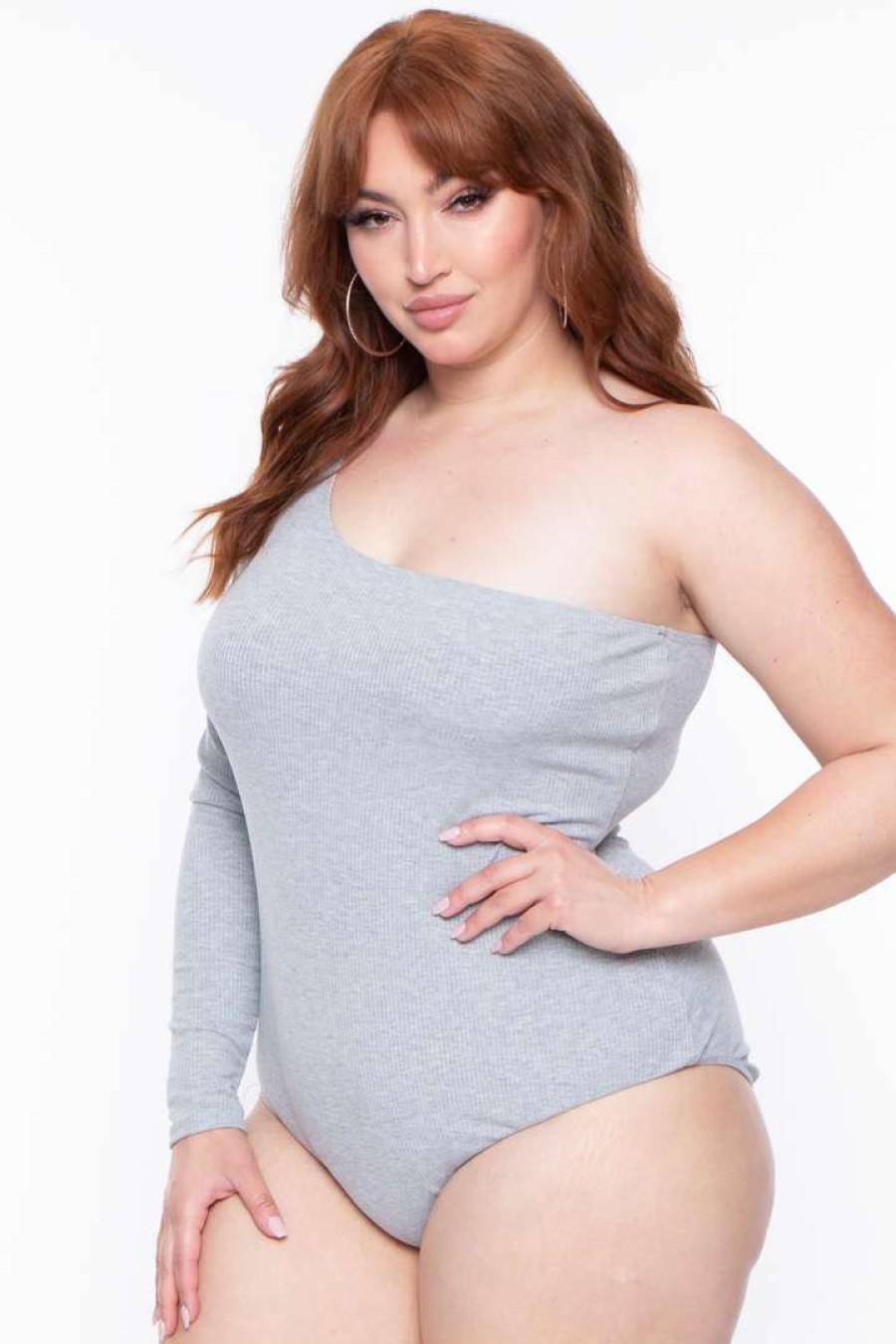 Sets * | Curvy Sense Essential Mix Plus Size Essential Ribbed Asymmetric Bodysuit Heather Grey