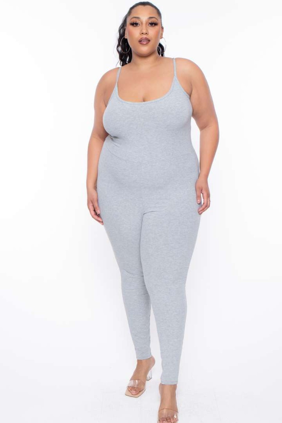 Sets * | Curvy Sense Plus Size Essential Ribbed Catsuit Party Jumpsuilts Heather Grey