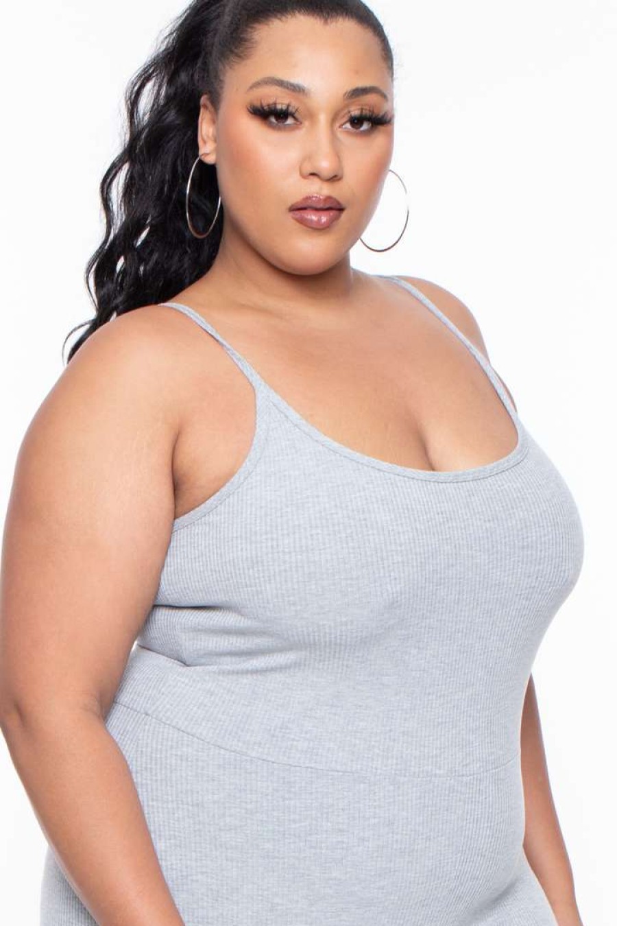 Sets * | Curvy Sense Plus Size Essential Ribbed Catsuit Party Jumpsuilts Heather Grey