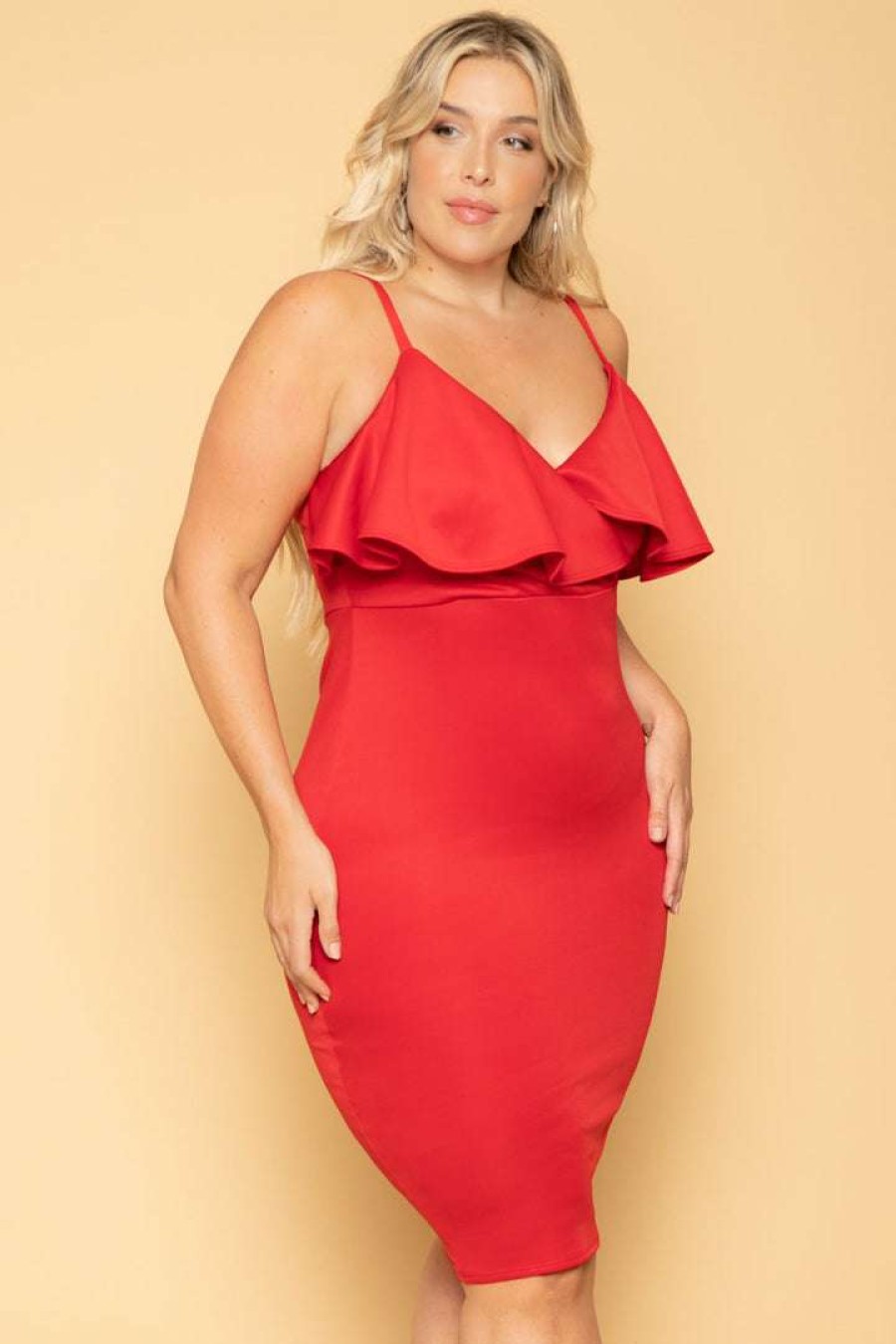 Dresses * | Curvy Sense Plus Size Eden Ruffle Dress Red