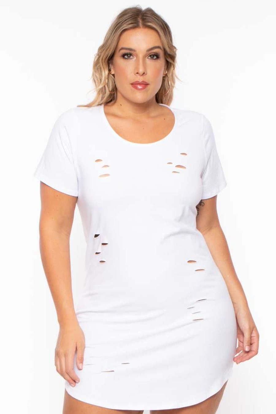 Dresses * | Curvy Sense Most Loved Plus Size Destroyed Tee Dress White