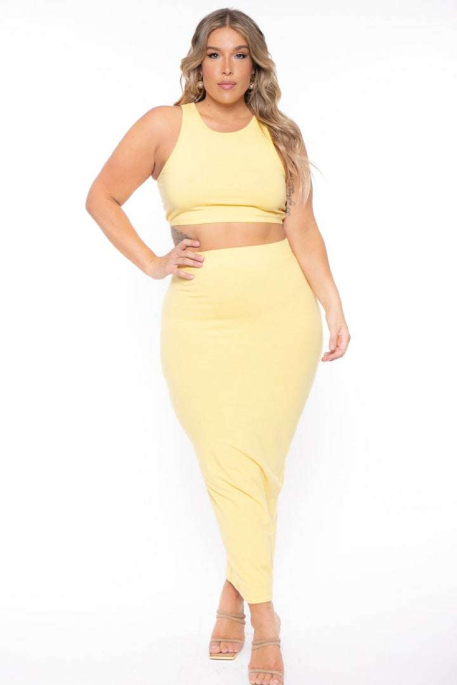 Sets * | Curvy Sense Plus Size Candace Tank And Skirt Matching Set Yellow