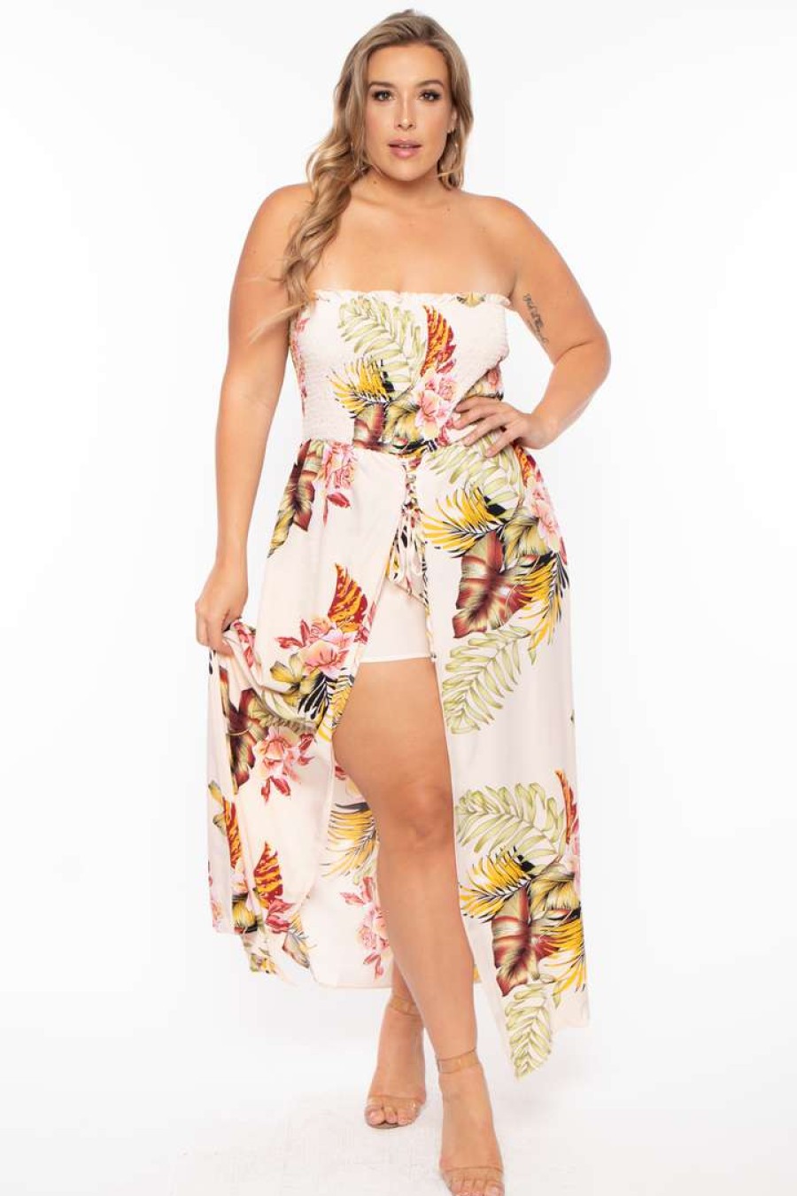 Jumpsuits * | Bluebell Back In Stock Plus Size Floral Smocked Strapless Romper Ivory