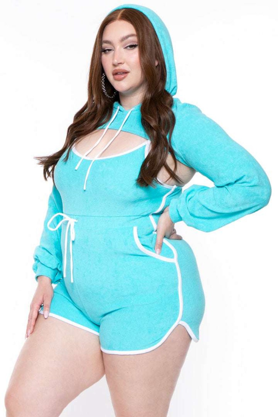 Sets * | Curvy Sense New Arrivals Plus Size Emma 2 Piece Romper Set Blue