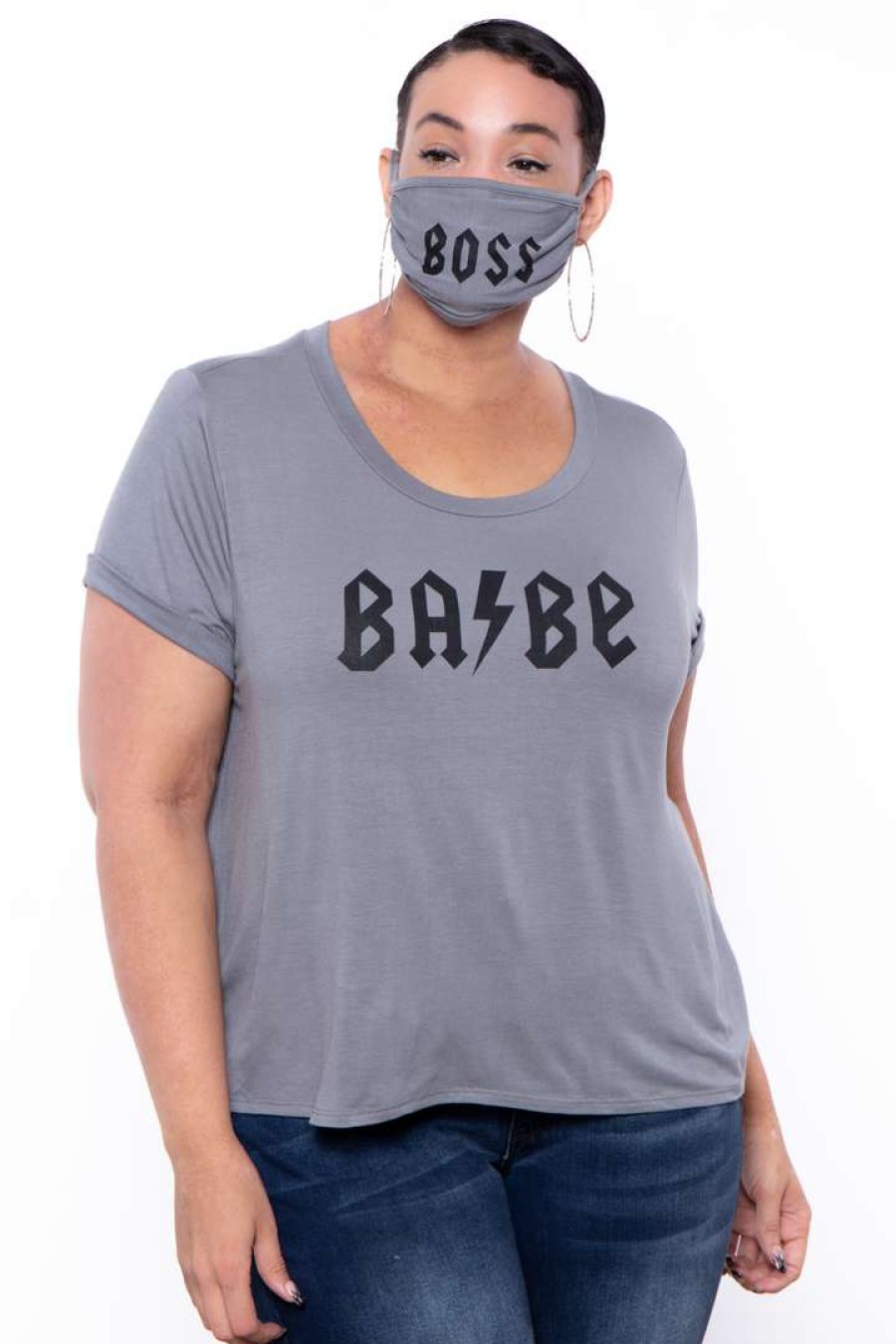 Sets * | Curvy Sense Plus Size Graphic "Boss Babe" Tee & Mask Set Grey