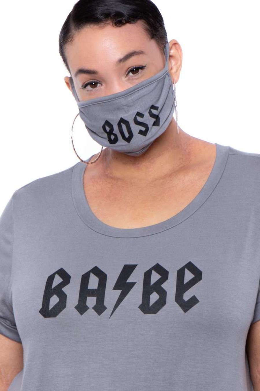 Sets * | Curvy Sense Plus Size Graphic "Boss Babe" Tee & Mask Set Grey