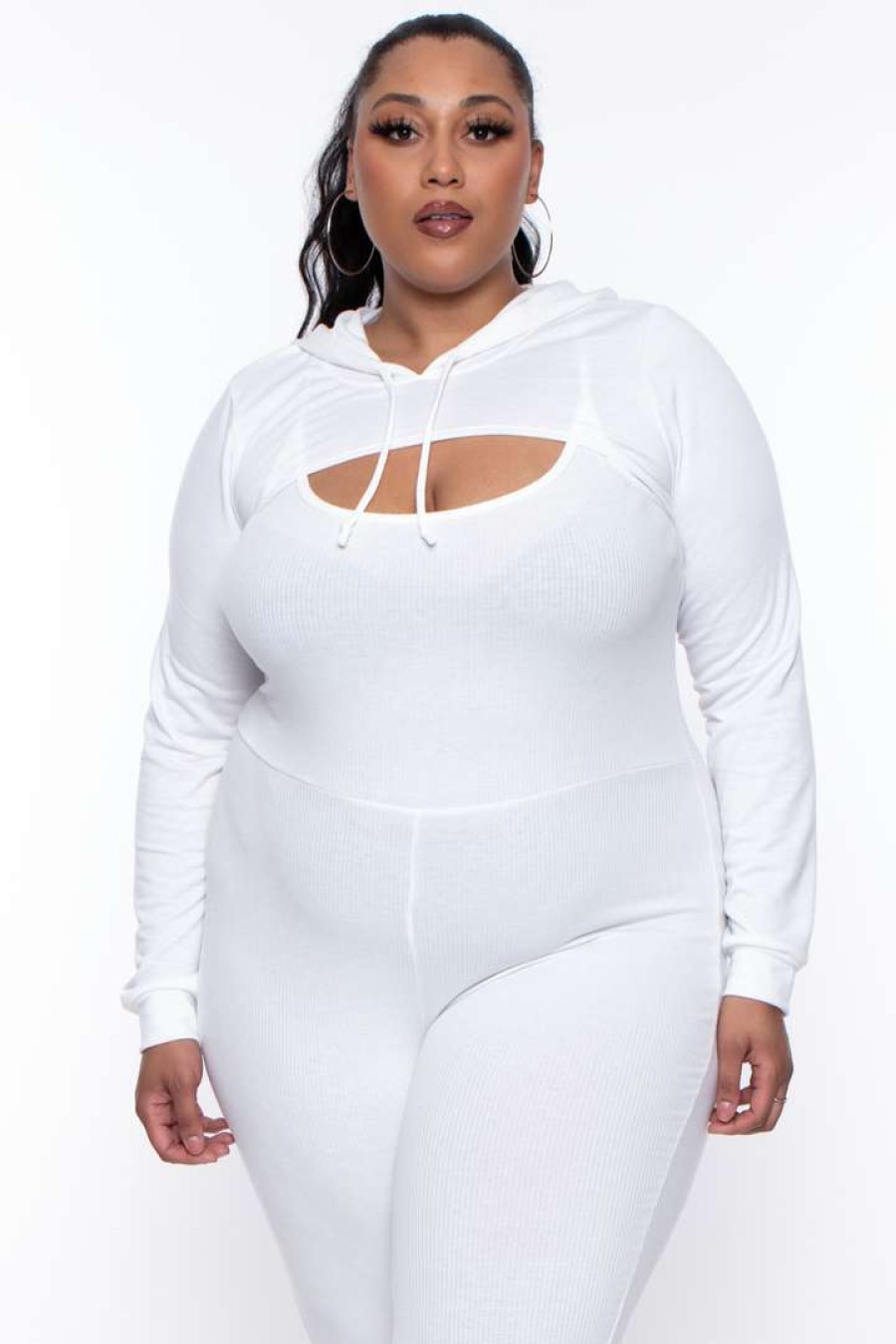 Sets * | Curvy Sense Essential Mix Plus Size Essential Cut Out Hoodie Ivory