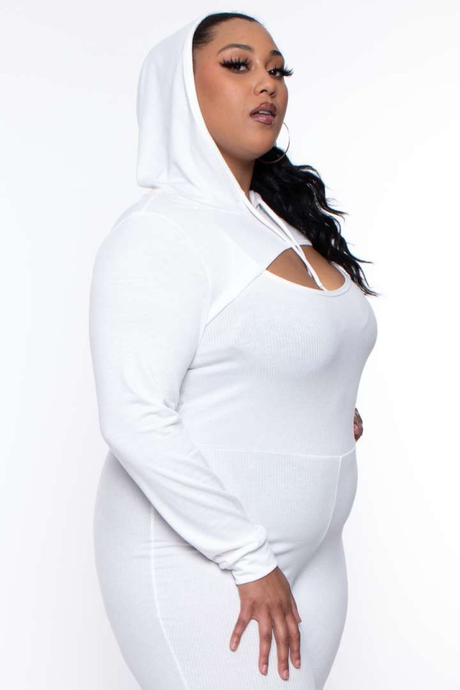 Sets * | Curvy Sense Essential Mix Plus Size Essential Cut Out Hoodie Ivory