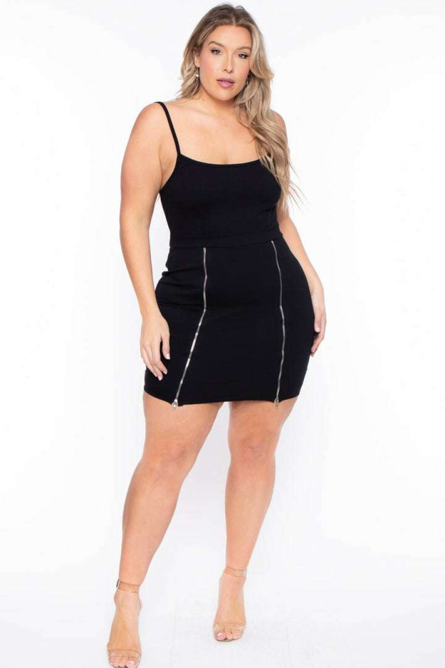 Dresses * | Curvy Sense Little Styles Plus Size Maddie Zipper Bodycon Dress Black