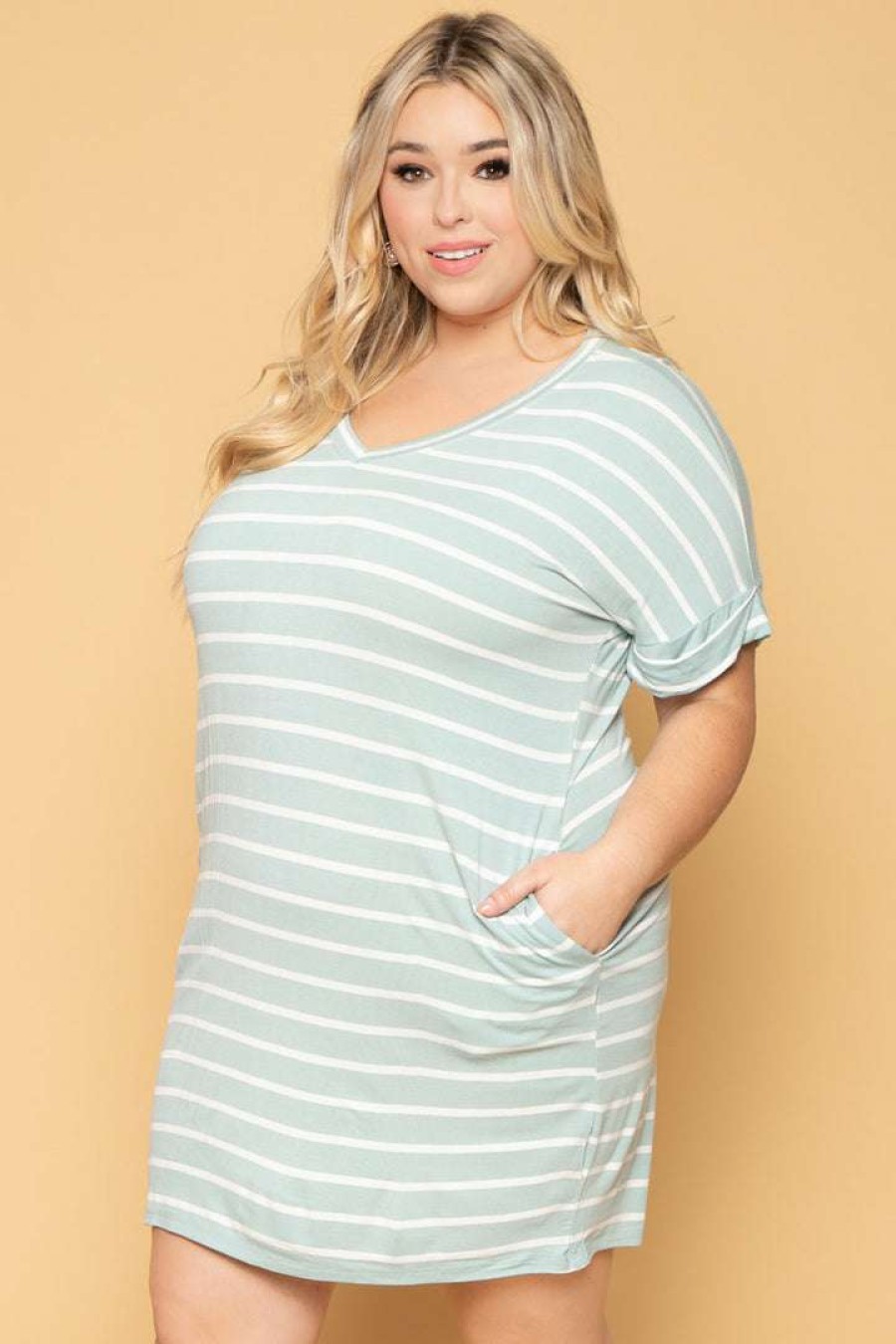 Dresses * | Zenana Plus Size Striped Basic T-Shirt Dress Seafoam