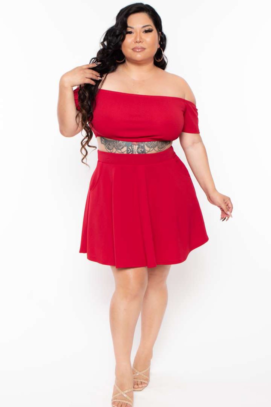 Sets * | Curvy Sense Plus Size Dioceline Off Shoulder Crop Top & Skirt Set Matching Sets Red