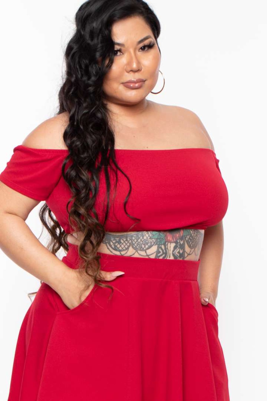 Sets * | Curvy Sense Plus Size Dioceline Off Shoulder Crop Top & Skirt Set Matching Sets Red