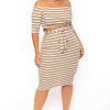 Sets * | Curvy Sense Plus Size Striped Off The Shoulder Matching Set Stripe New Arrivals Cream