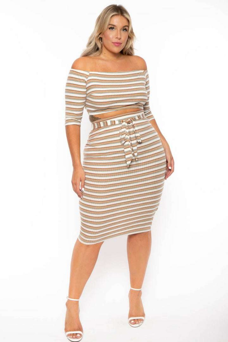 Sets * | Curvy Sense Plus Size Striped Off The Shoulder Matching Set Stripe New Arrivals Cream