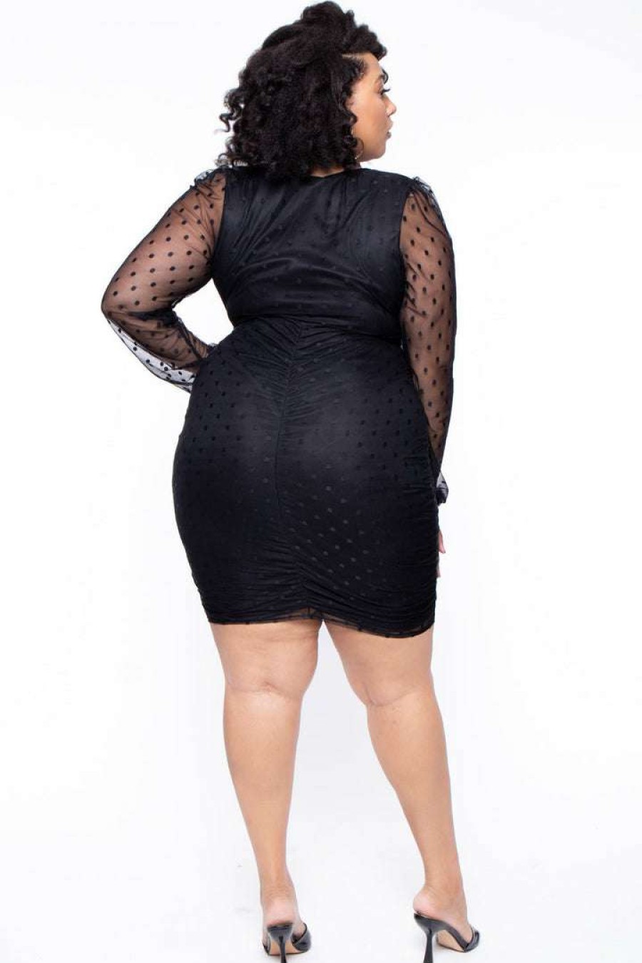 Dresses * | Curvy Sense Little Styles Plus Size Polka-Dot Mesh Overlay Dress Black