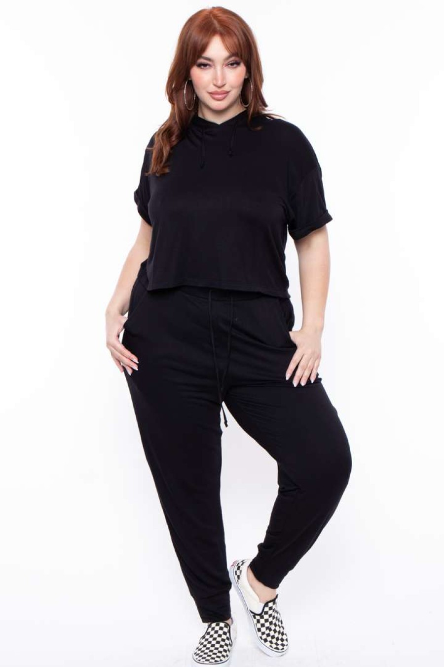 Sets * | Curvy Sense Matching Sets Plus Size Stelle Crop Hoodie & Joggers Set Black