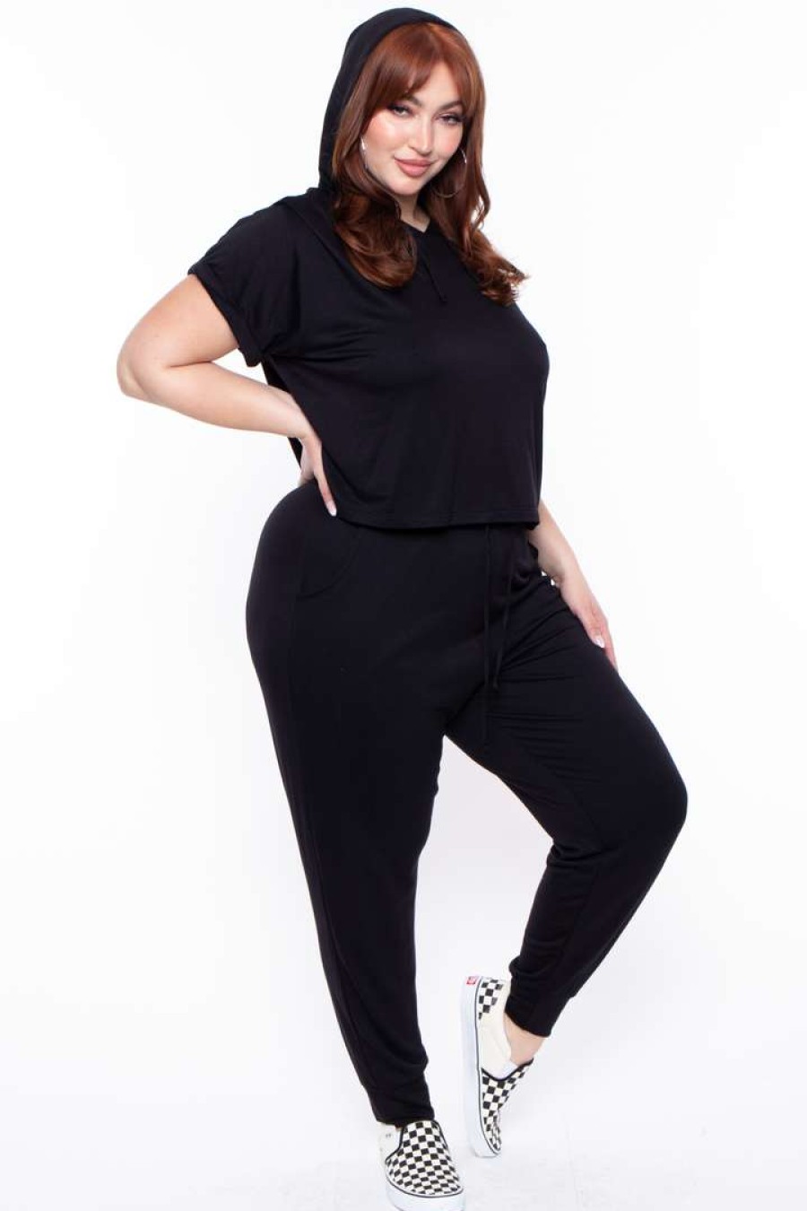 Sets * | Curvy Sense Matching Sets Plus Size Stelle Crop Hoodie & Joggers Set Black