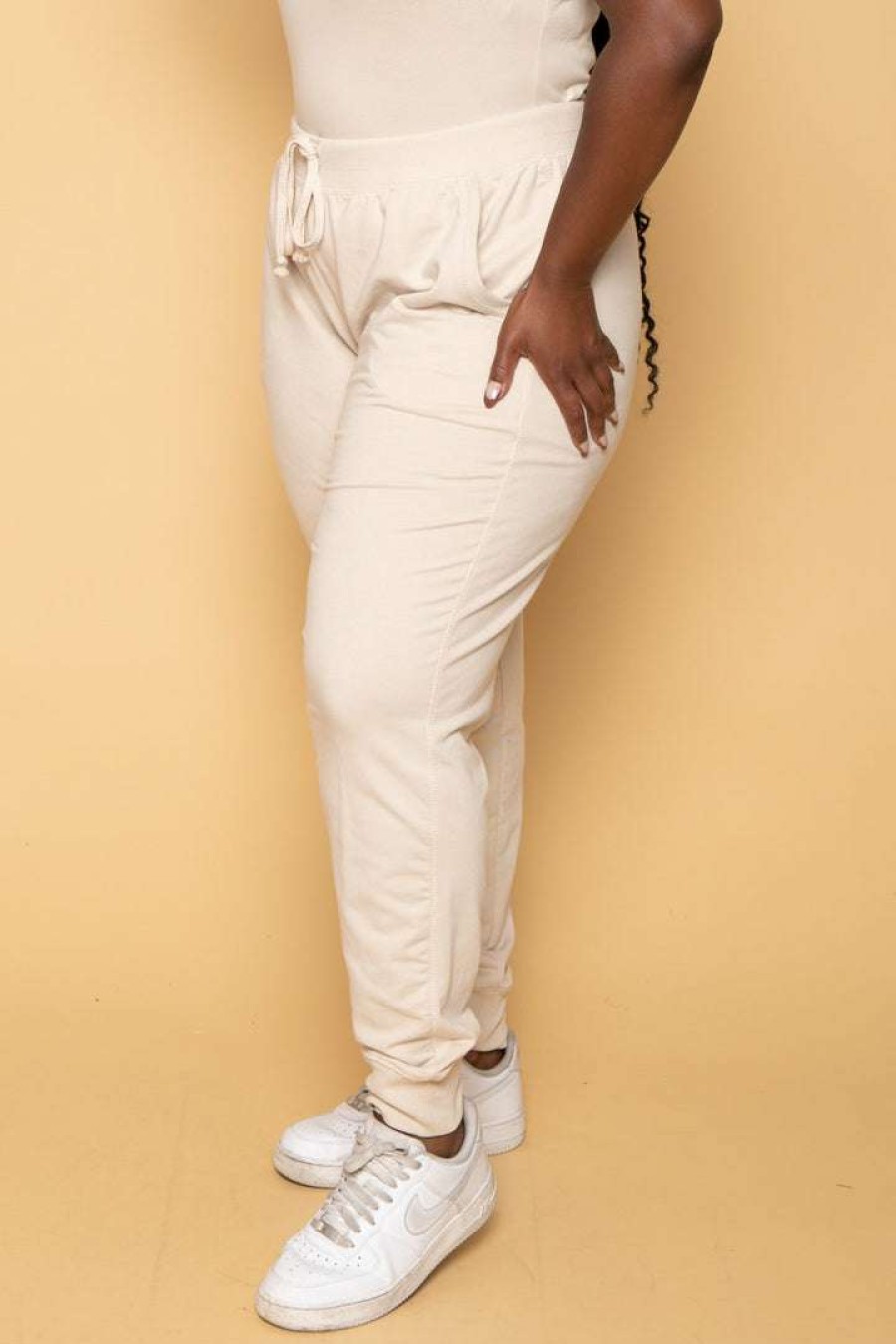 Bottoms * | Ambiance Plus Size Sweat Jogger Beige