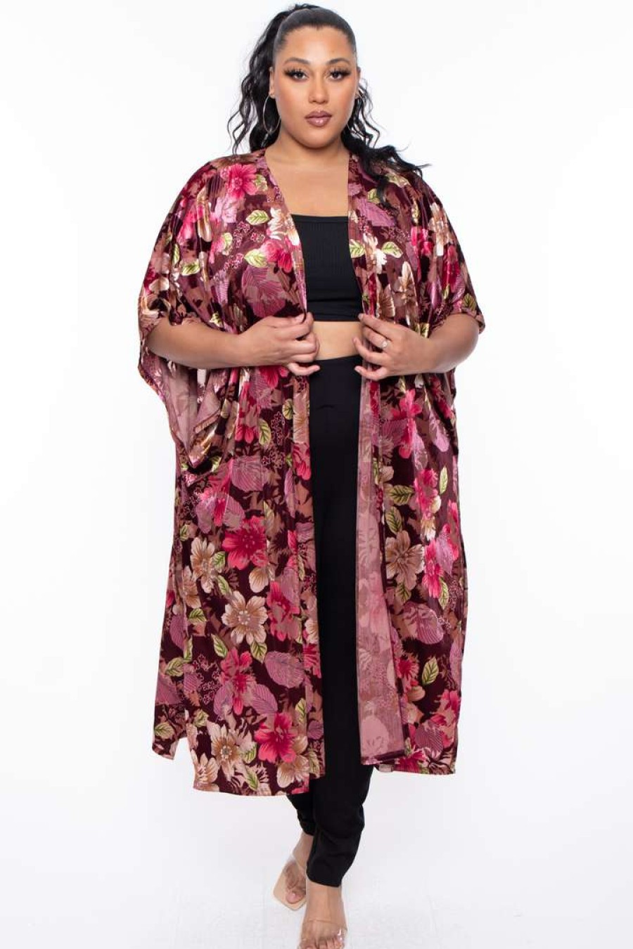 Tops * | Bluebell Tops Plus Size Floral Mesh Burn Out Kimono Burgundy