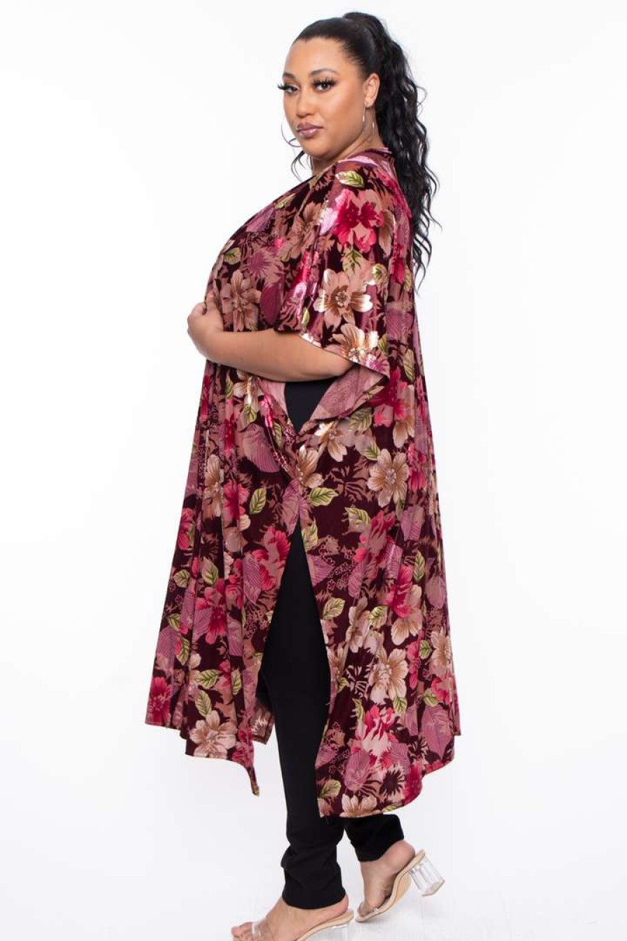 Tops * | Bluebell Tops Plus Size Floral Mesh Burn Out Kimono Burgundy