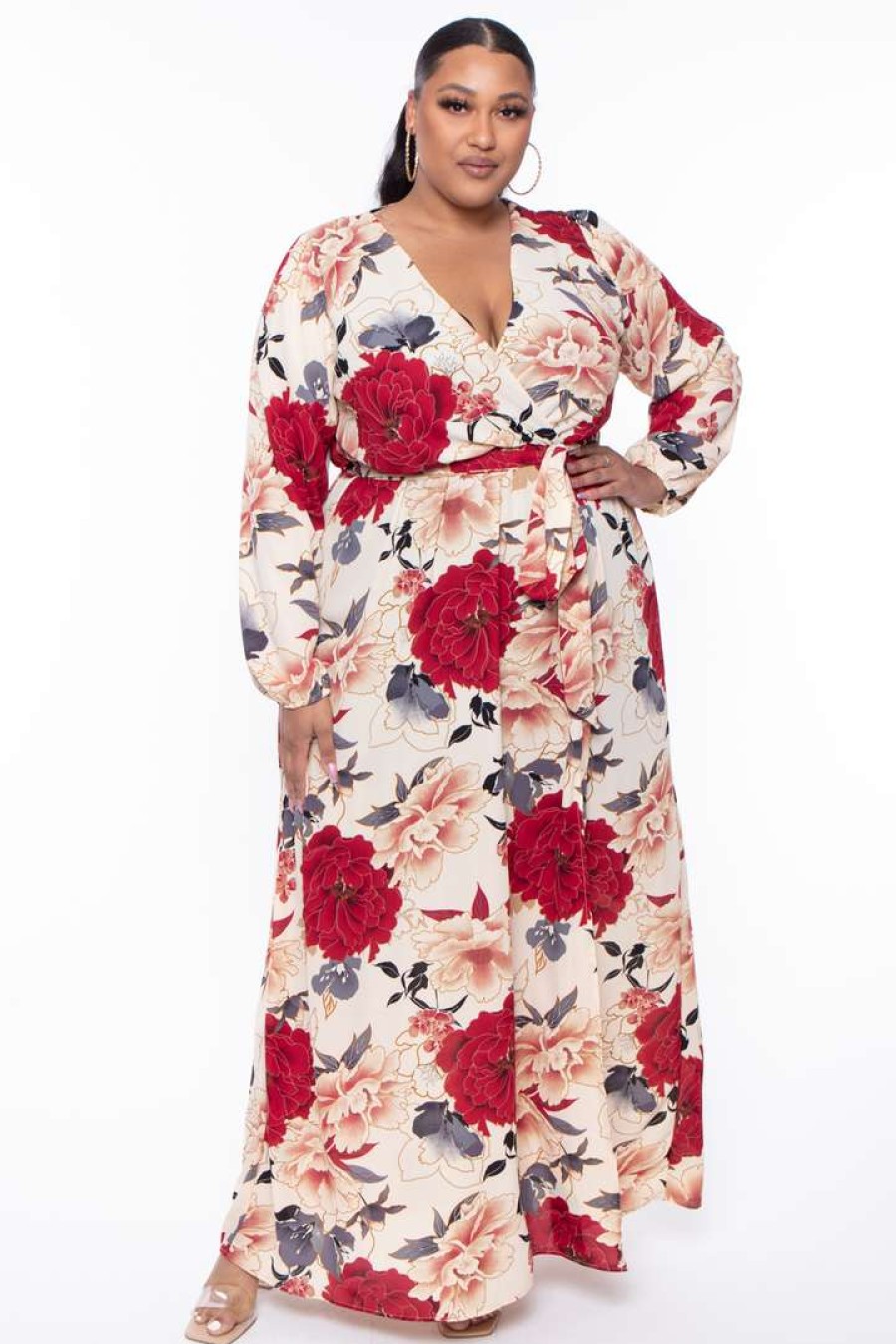 Dresses * | Solid Dresses Plus Size Holly Floral Sheer Maxi Dress Red