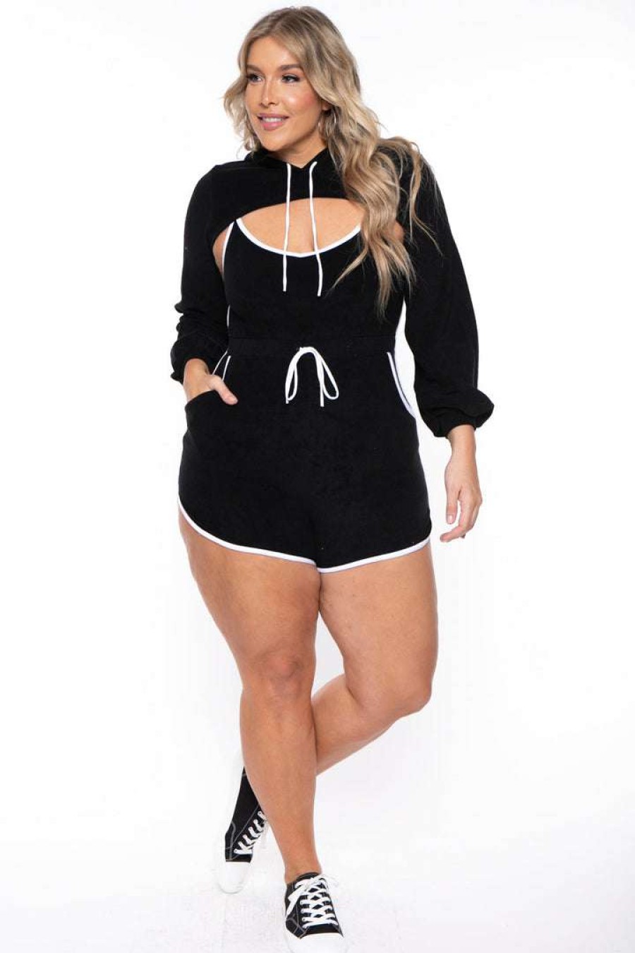 Sets * | Curvy Sense Plus Size Emma 2 Piece Romper Set New Arrivals Black