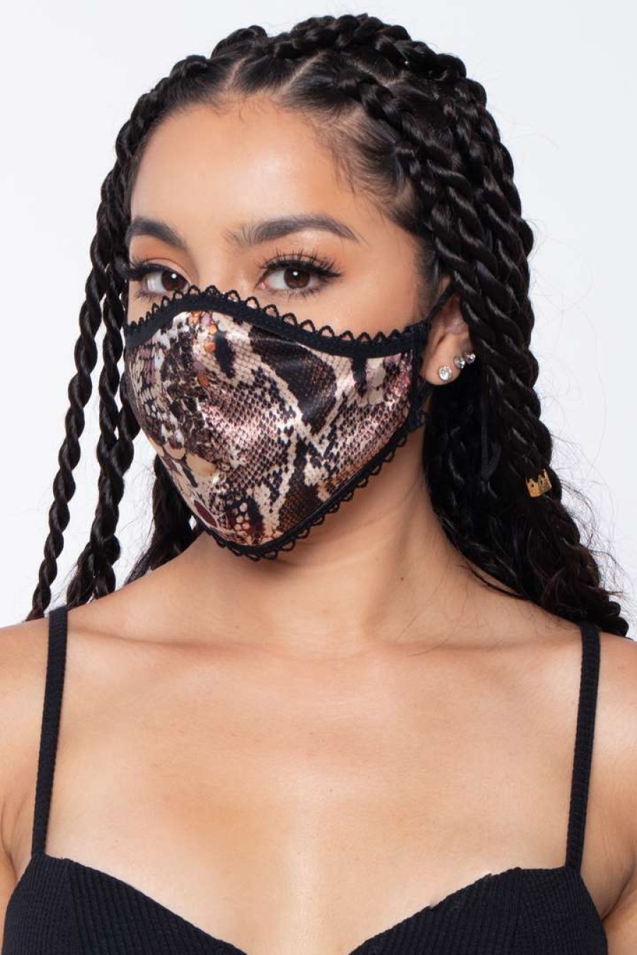 Accessories * | Curvy Sense Washable Dual-Layer Lace-Trimmed Snakeskin Satin Face Mask Ivory Face Masks Brown