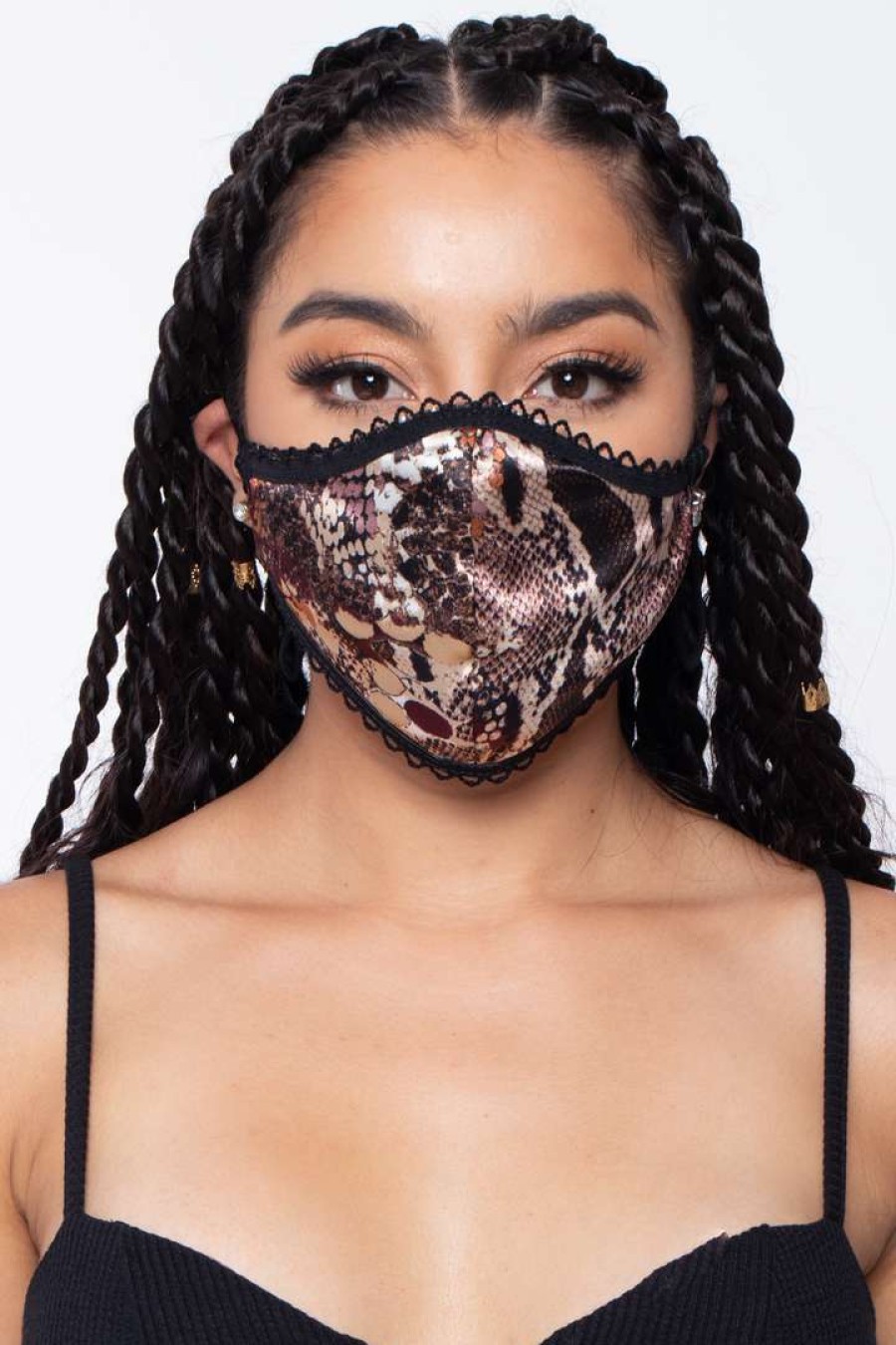 Accessories * | Curvy Sense Washable Dual-Layer Lace-Trimmed Snakeskin Satin Face Mask Ivory Face Masks Brown